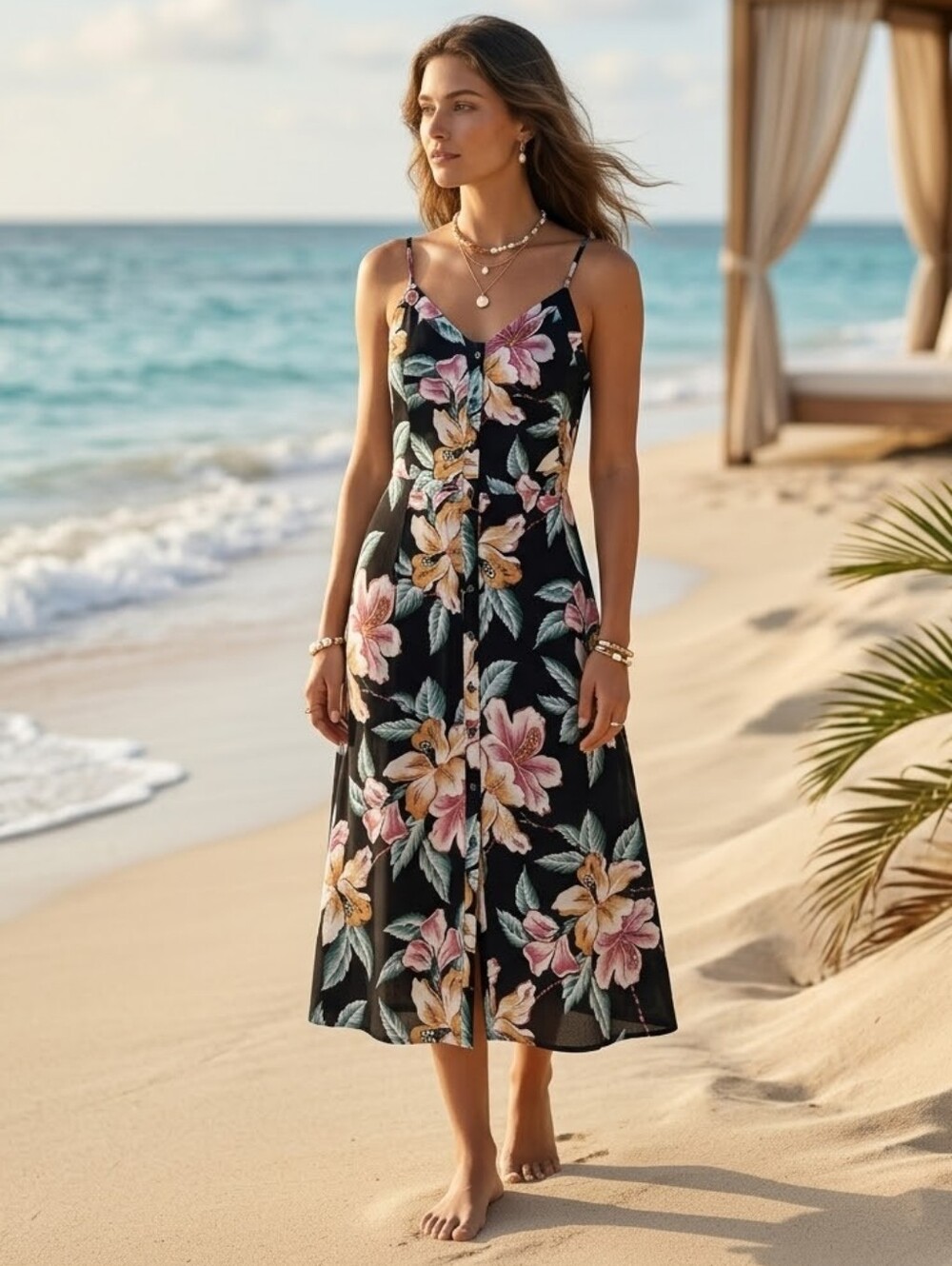 Black Floral Button-Down Midi Summer Dress Hawaiian Hibiscus Flowers Medium